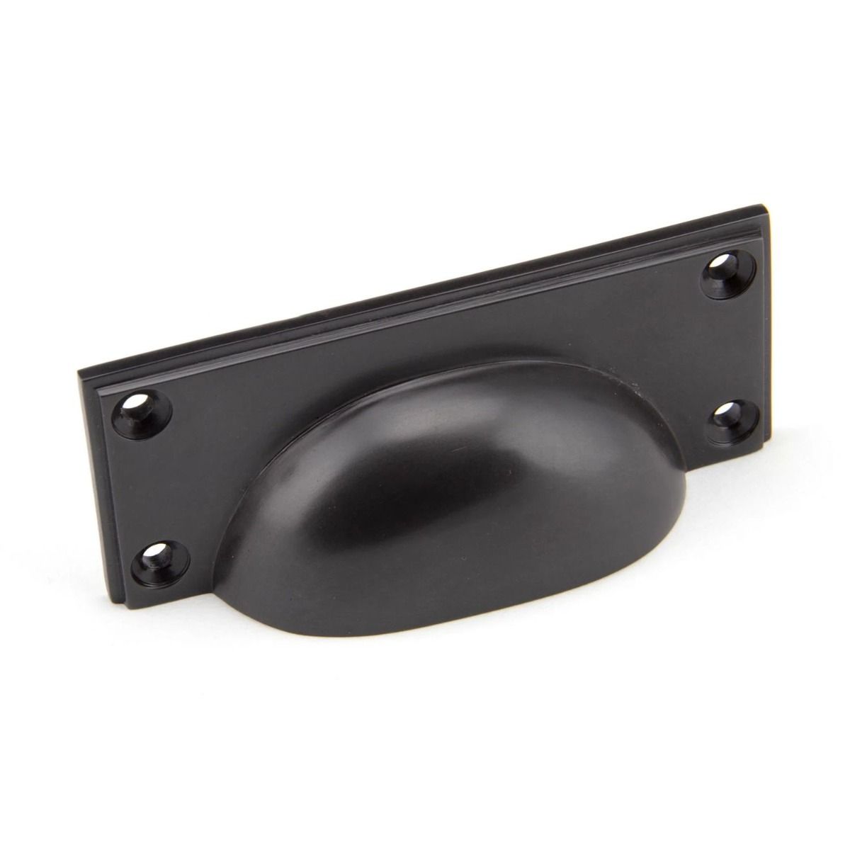 The Art Deco Cup Drawer Pull with Backplate in Aged Bronze on a White Background 