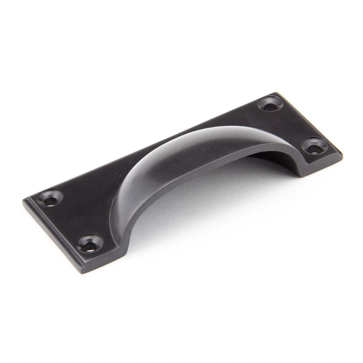The Art Deco Cup Drawer Pull with Backplate in Aged Bronze Shown on its Side 