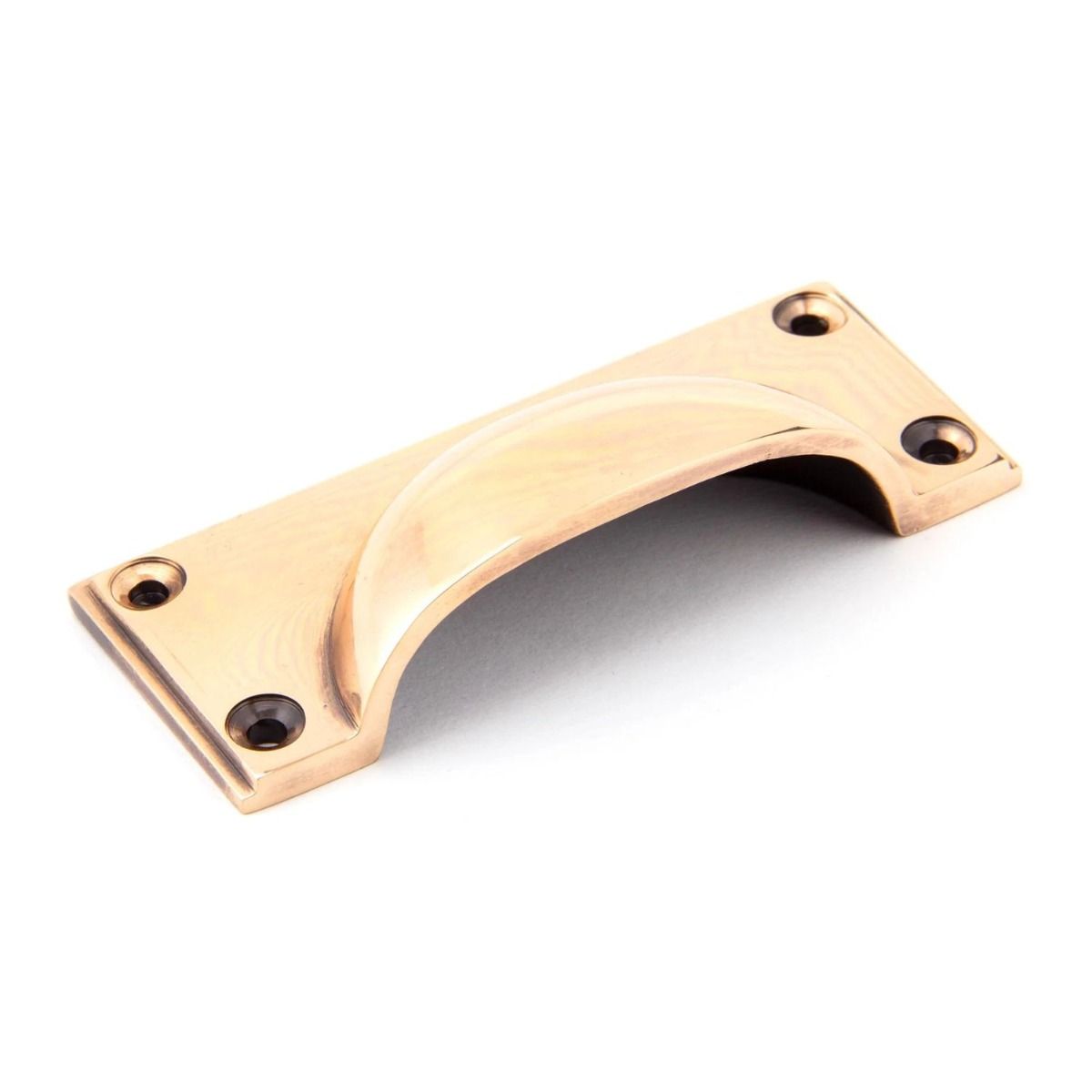 The Art Deco Cup Drawer Pull with Backplate in Polished Bronze Shown on its Side 
