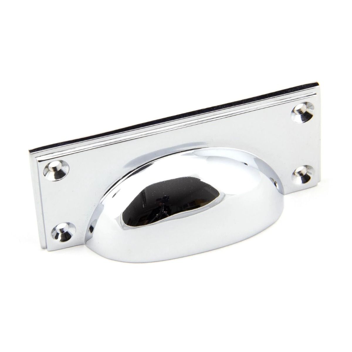 The Art Deco Cup Drawer Pull with Backplate in Polished Chrome on a White Background 