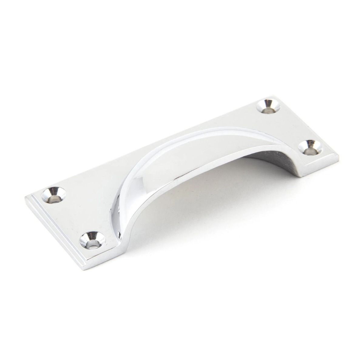 The Art Deco Cup Drawer Pull with Backplate in Polished Chrome Shown on its Side 