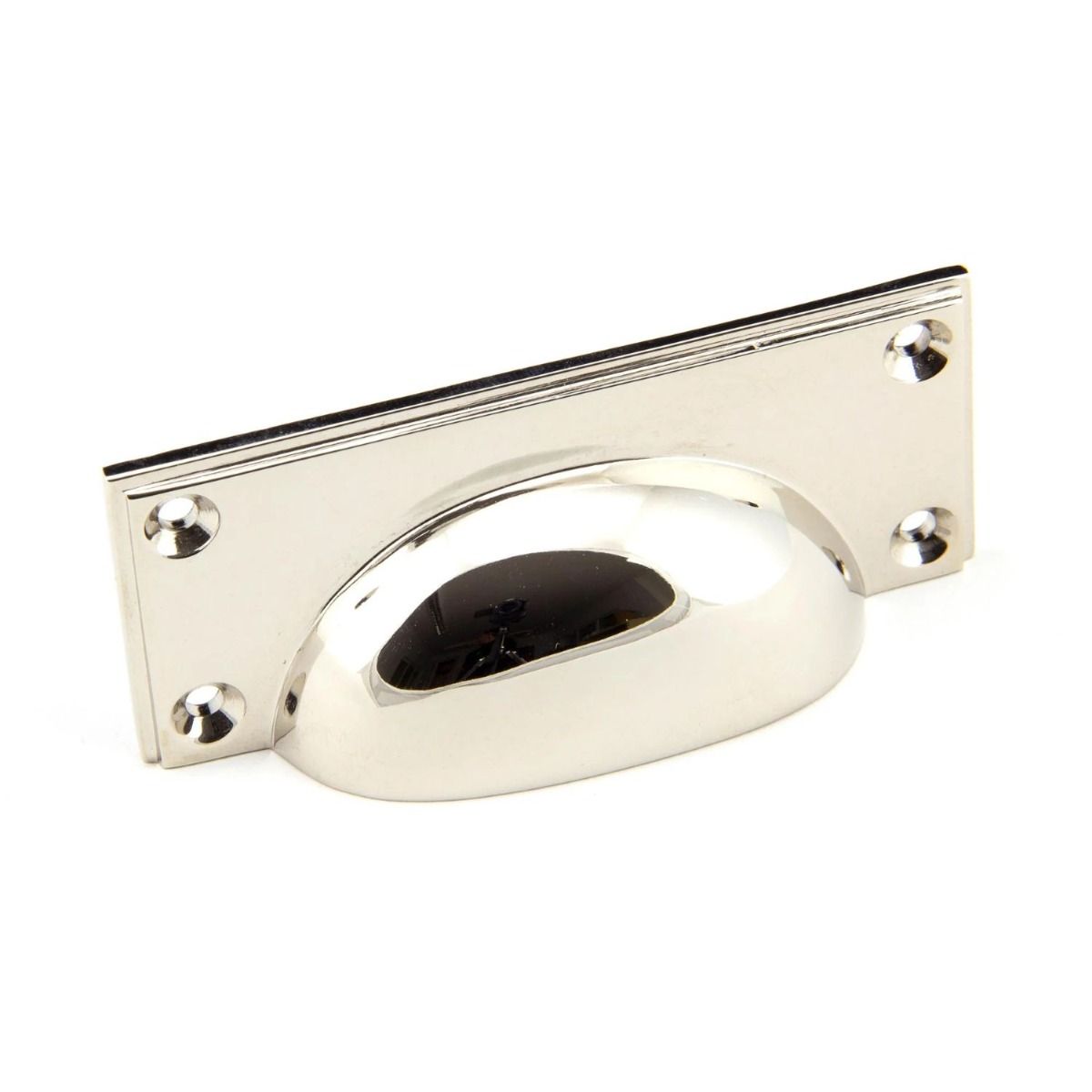 The Art Deco Cup Drawer Pull with Backplate in Polished Nickel on a White Background 