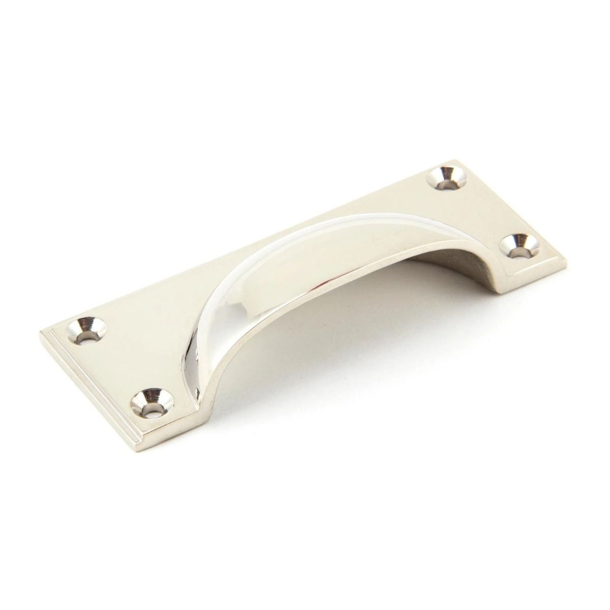 The Art Deco Cup Drawer Pull with Backplate in Polished Nickel Shown on its Side 