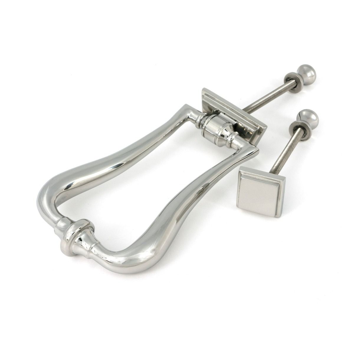 The Art Deco Geometric Loop Door Knocker in Polished Stainless Steel Shown with Door Stud on a White Background