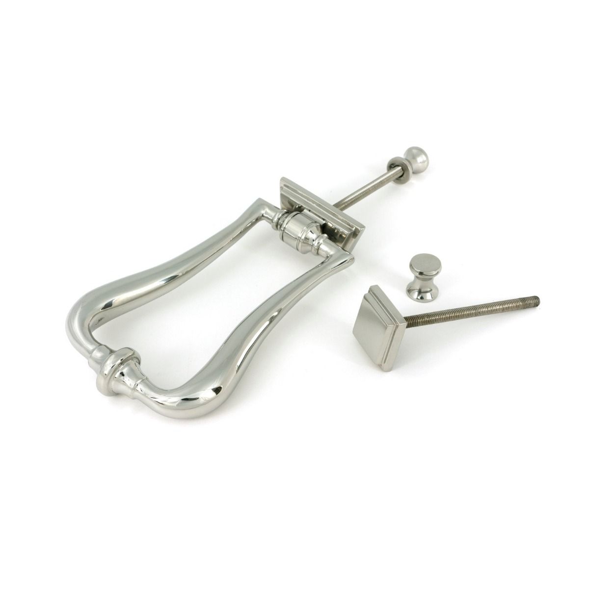 The Art Deco Geometric Loop Door Knocker in Polished Stainless Steel Shown with Separate Components on a White Background
