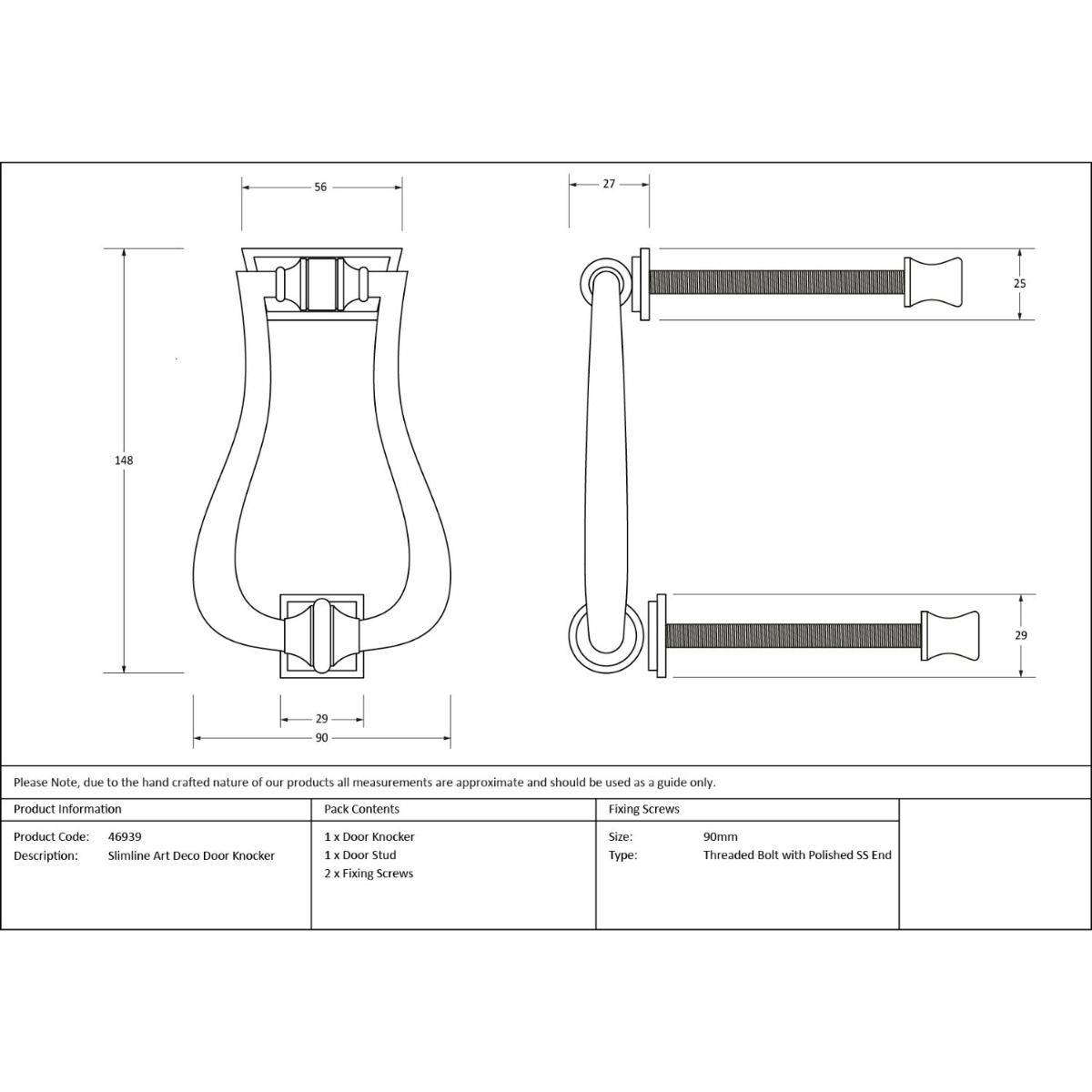 The Art Deco Geometric Loop Door Knocker in Polished Stainless Steel Technical Drawings and Dimensions
