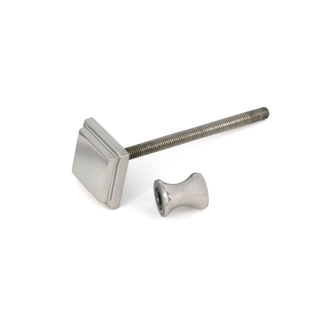 The Art Deco Geometric Loop Door Knocker in Satin Stainless Steel Close up of the Door Stud and Fixing Bolt on a White Background