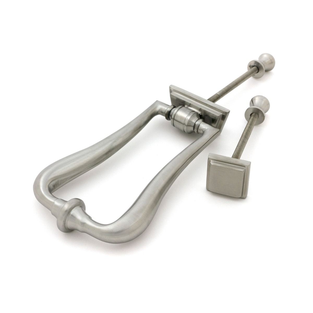 The Art Deco Geometric Loop Door Knocker in Satin Stainless Steel Shown with Door Stud on a White Background