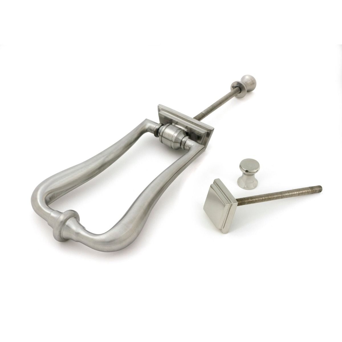 The Art Deco Geometric Loop Door Knocker in Satin Stainless Steel Shown with Separate Components on a White Background