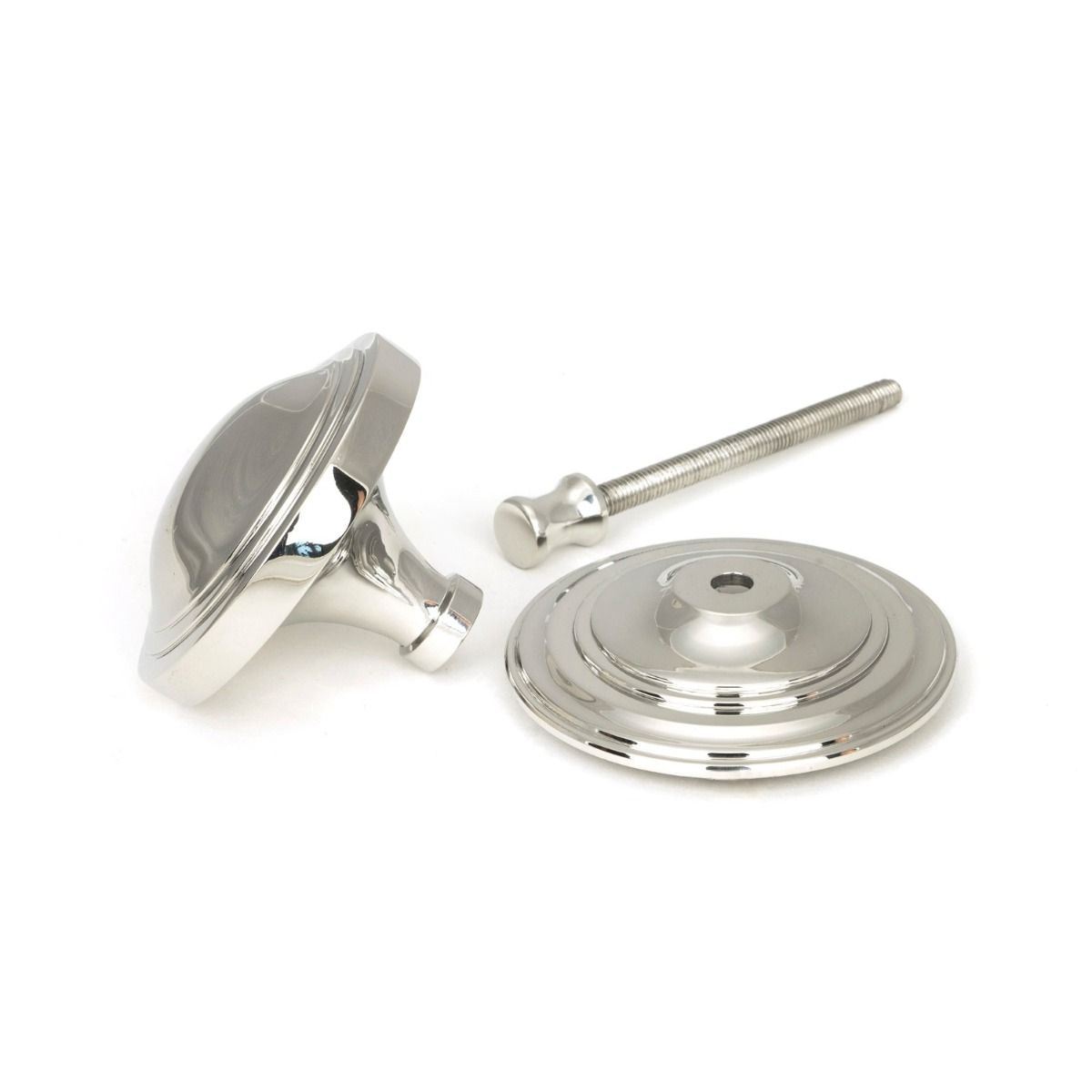 The Art Deco Stepped Rose Center Door Knob in Polished Stainless Steel Shown in Separate Components