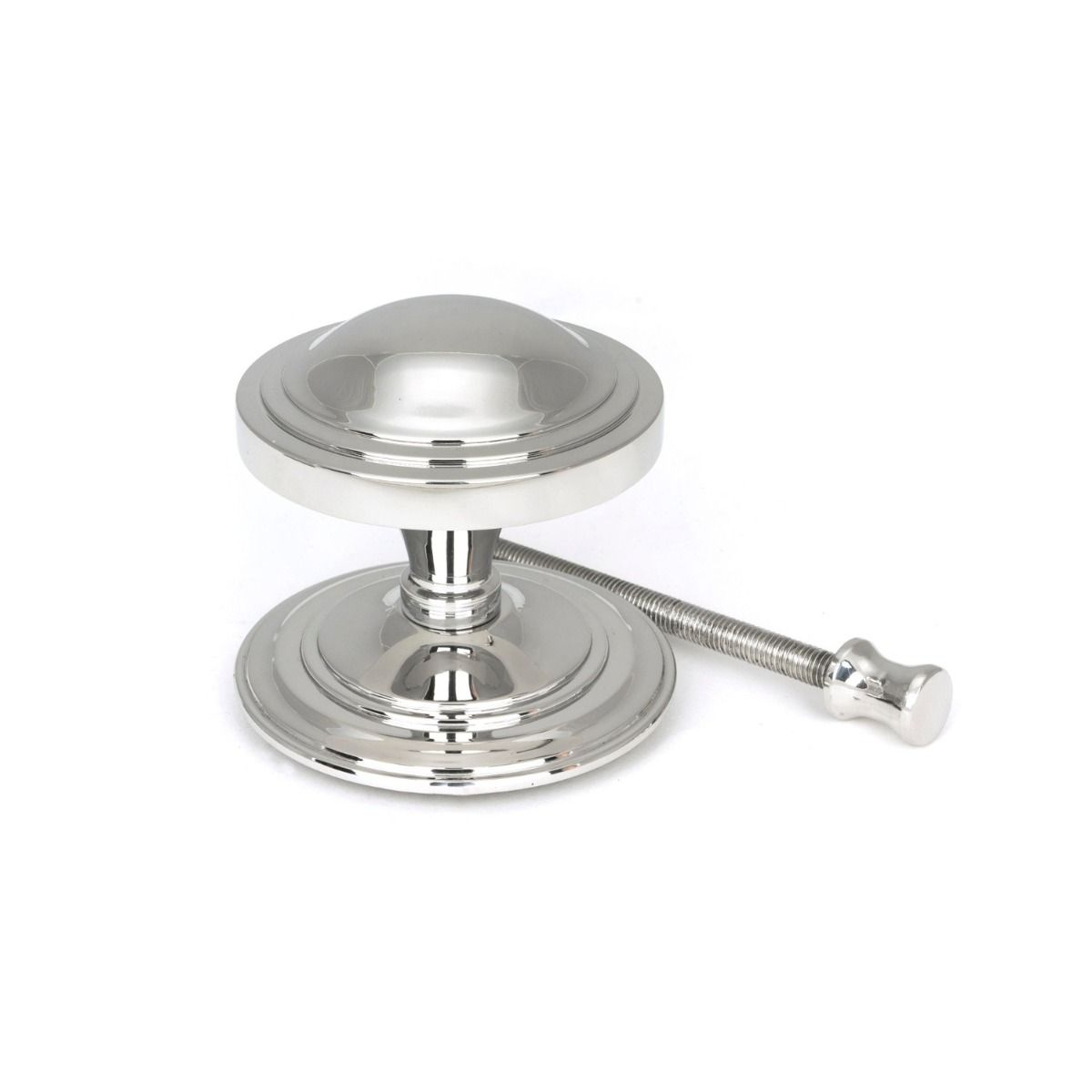 The Art Deco Stepped Rose Center Door Knob in Polished Stainless Steel Shown next to Fitting Bolt
