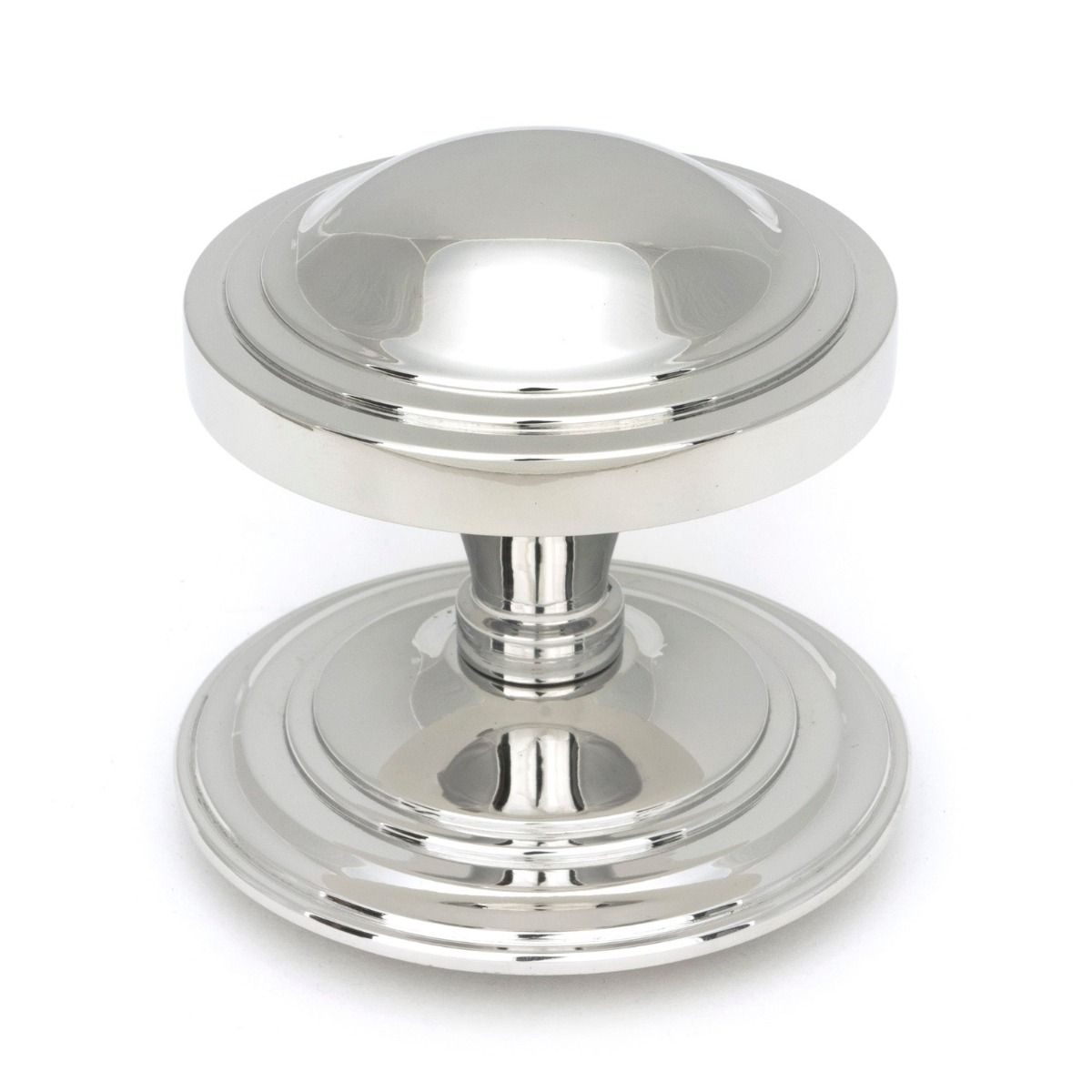 The Art Deco Stepped Rose Center Door Knob in Polished Stainless Steel Shown Upright on a White Background