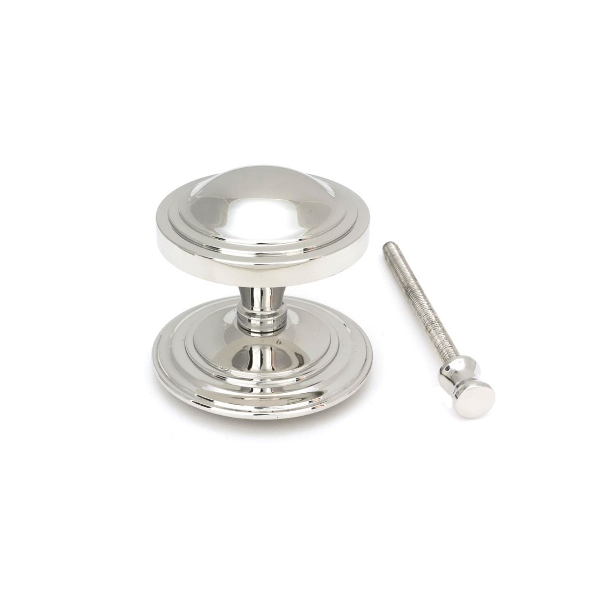 The Art Deco Stepped Rose Center Door Knob in Polished Stainless Steel Shown Upright with Fitting Bolt