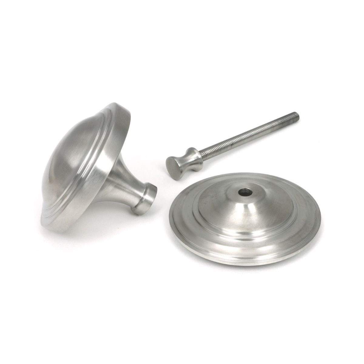 The Art Deco Stepped Rose Center Door Knob in Satin Stainless Steel Shown in Separate Components