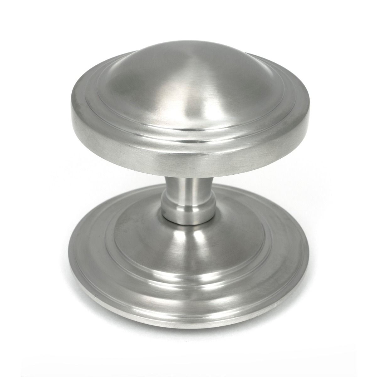 The Art Deco Stepped Rose Center Door Knob in Satin Stainless Steel Shown Upright on a White Background