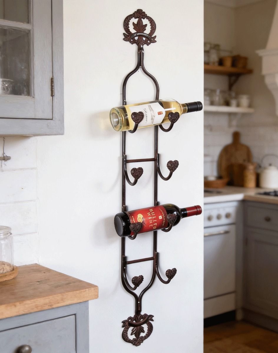The "Artisan Avenue" Cast Iron Wine and Bottle Holder attached to a White Wall in a Country Cottage Kitchen - Digital Illustration 