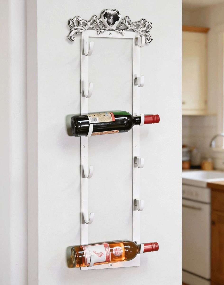 The "Ashberry" Wall Mountable Heart Wine Rack on a White Wall in a Modern Kitchen - Digital Illustration