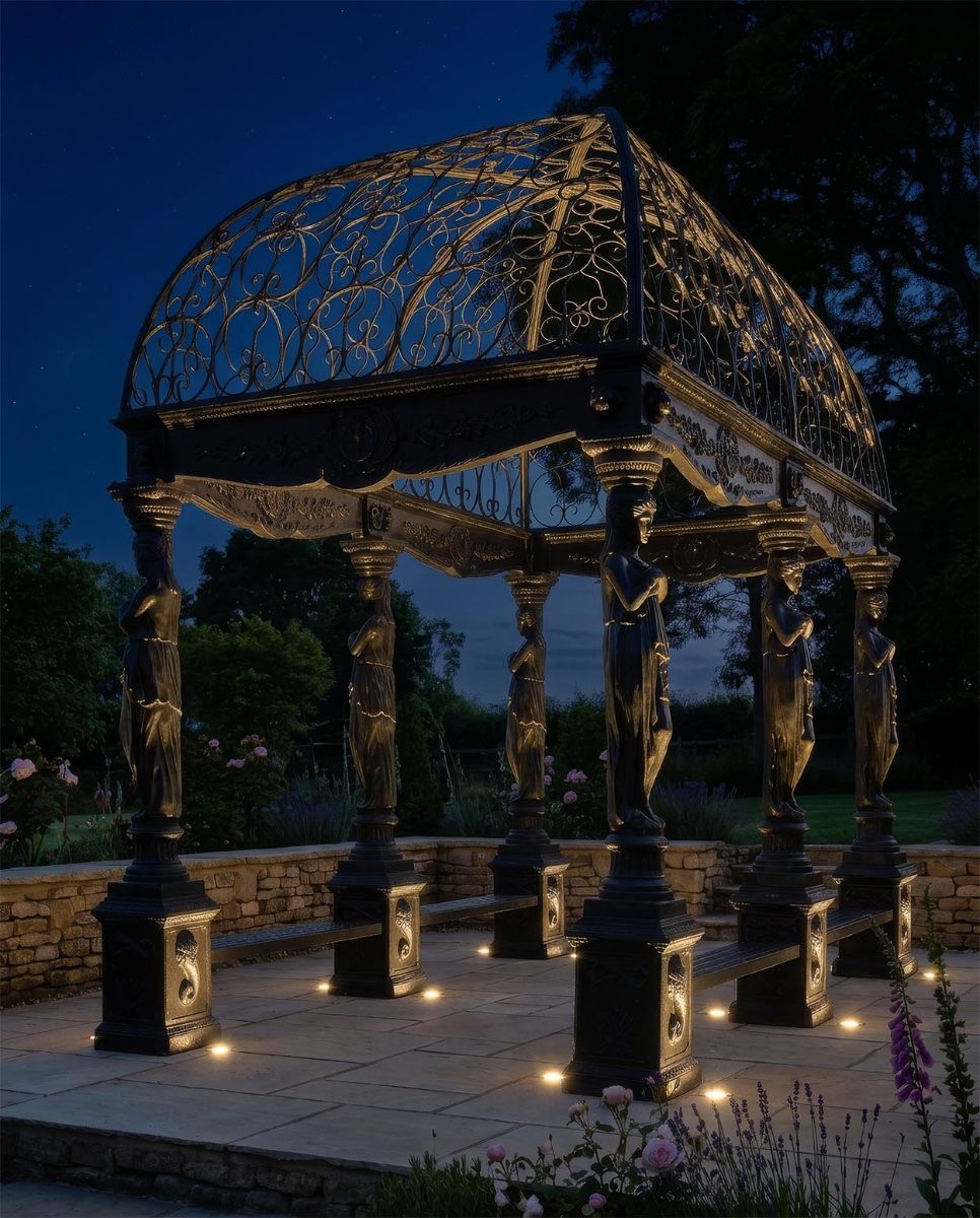 The "Athenian Goddess" Black Royal Palace Gazebo Digital Illustration At Night