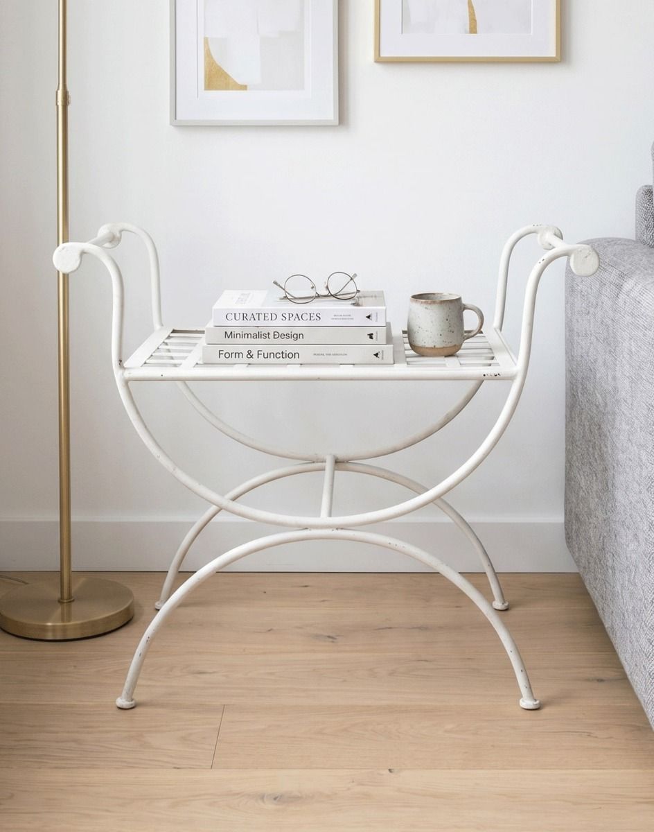 The Athens Single Stool, Or Butler Tray Table Next to a Grey Sofa in a Luxury Living Room - Digital Illustration