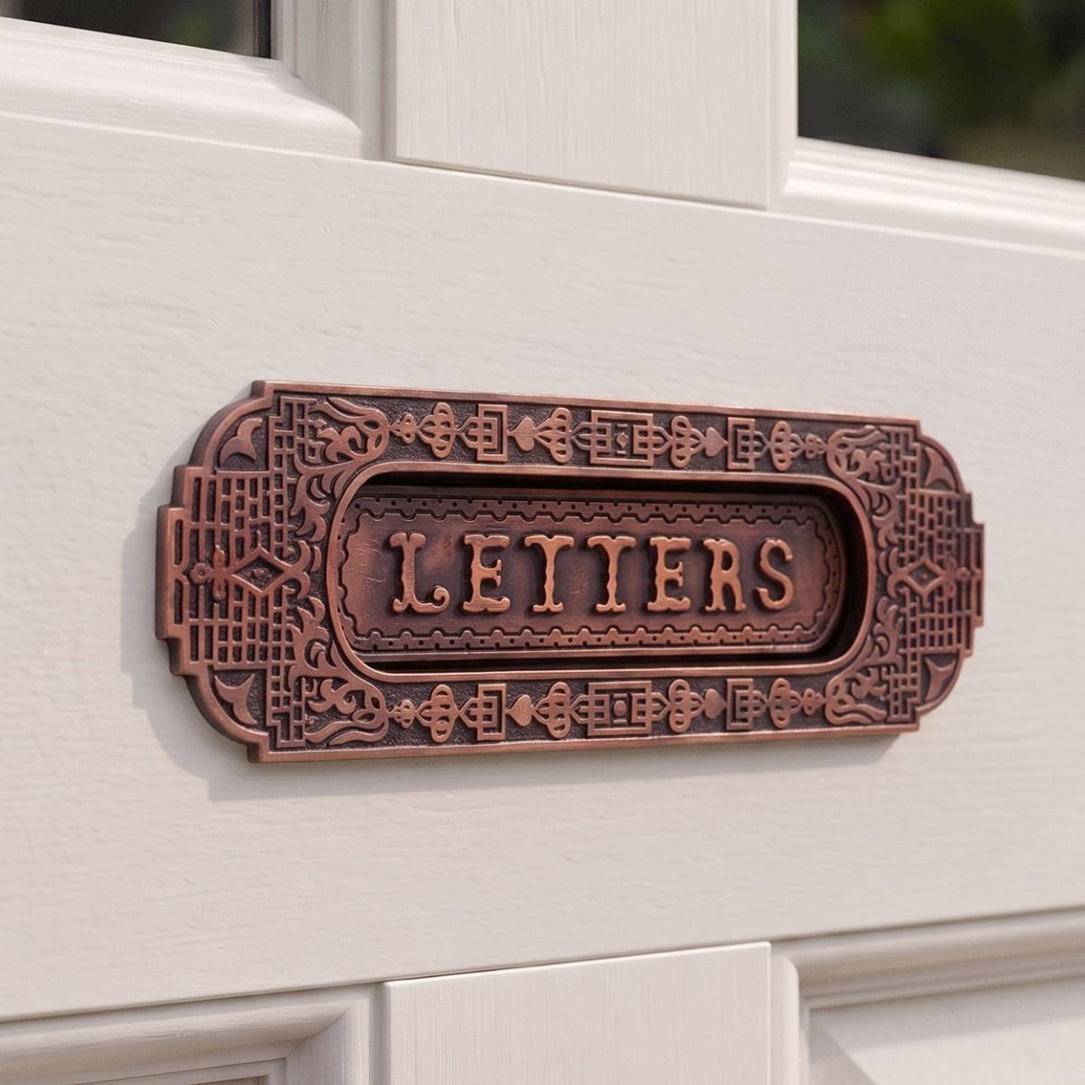 The Aztec Style Letter Plate in a Bronze Finish on a Complementary Cream Coloured Door - Digital Illustration 
