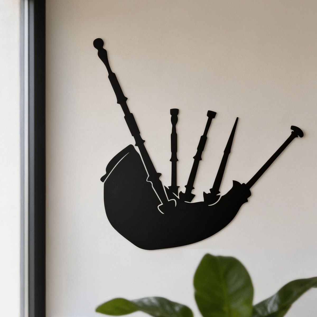 The Bagpipes Steel Wall Art in a Modern Living Room Setting next to a Window - Digital Illustration