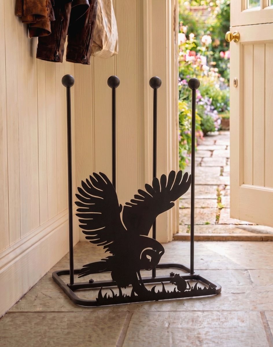 The Barn Owl & Mouse Double Boot Rack Placed on a Stone Tile Floor in a Cottage Entrance Hallway - Digital Illustration
