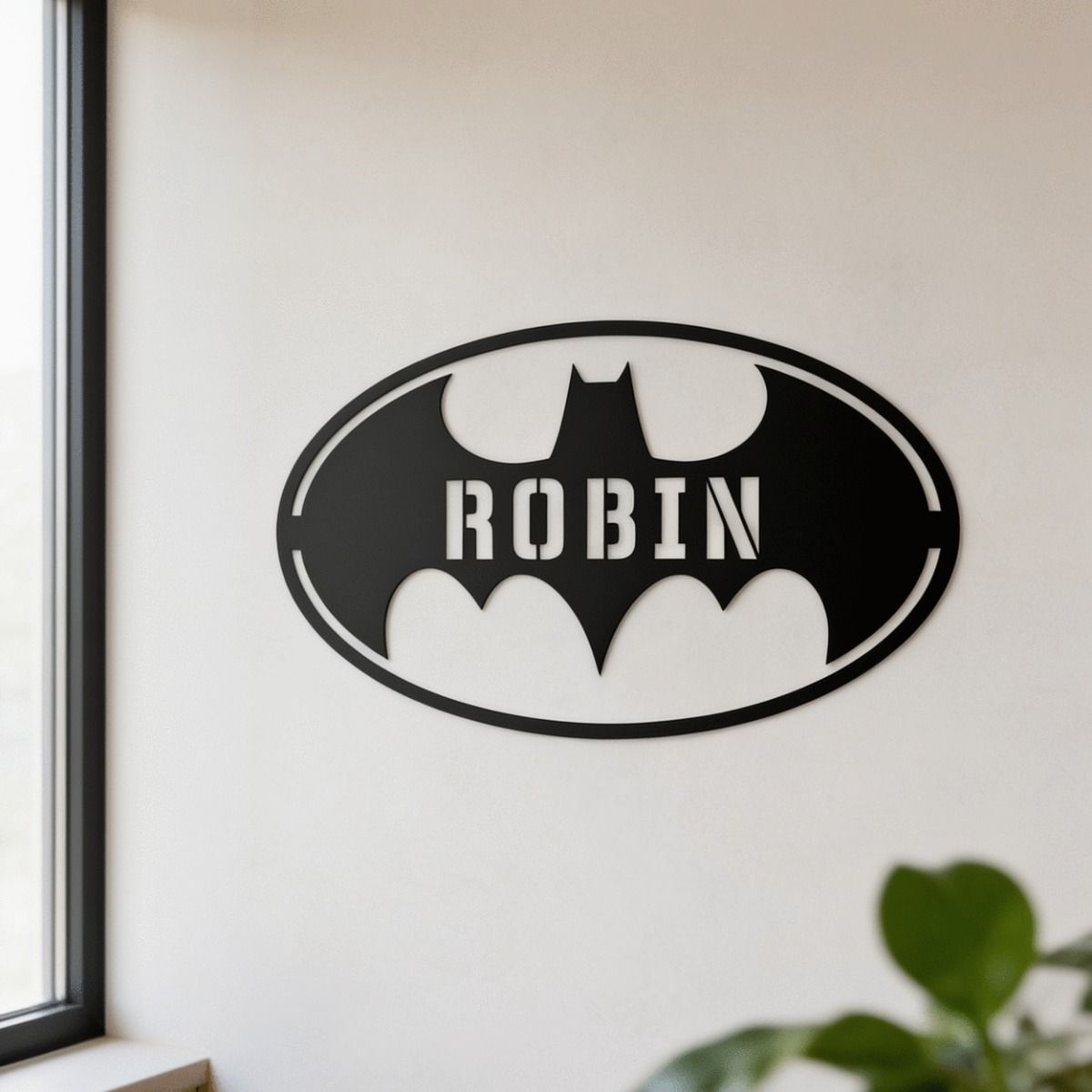 The "Batman" Iron Personalised Wall Art with Customisable Name on a Clean Modern Wall - Digital Illustration