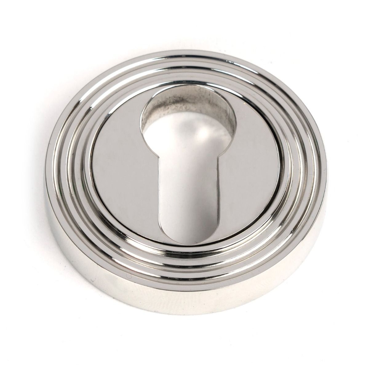 The Beehive Concealed Euro Keyhole Escutcheon in Polished Stainless Steel Shown on a White Background
