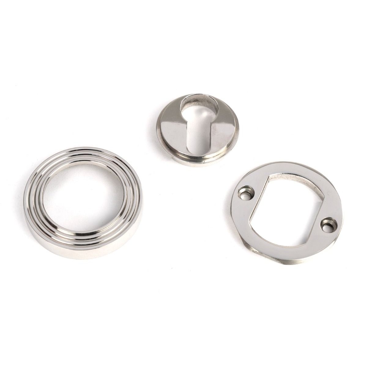 The Beehive Concealed Euro Keyhole Escutcheon in Polished Stainless Steel Shown with all Components on a White Background