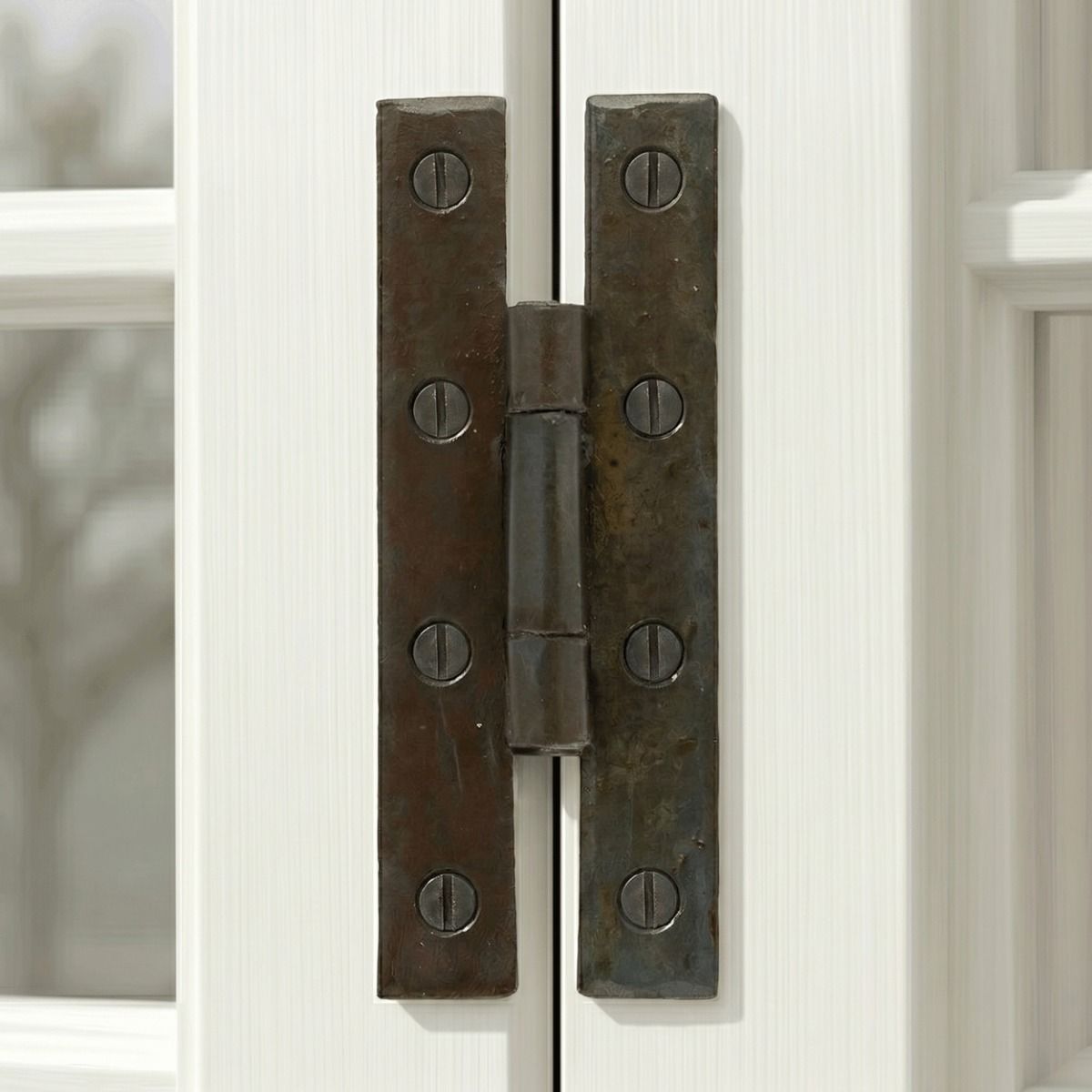 The Beeswax 3¼" Inch H Hinge Pair Mounted on a Classic White Window Frame - Digital Illustration