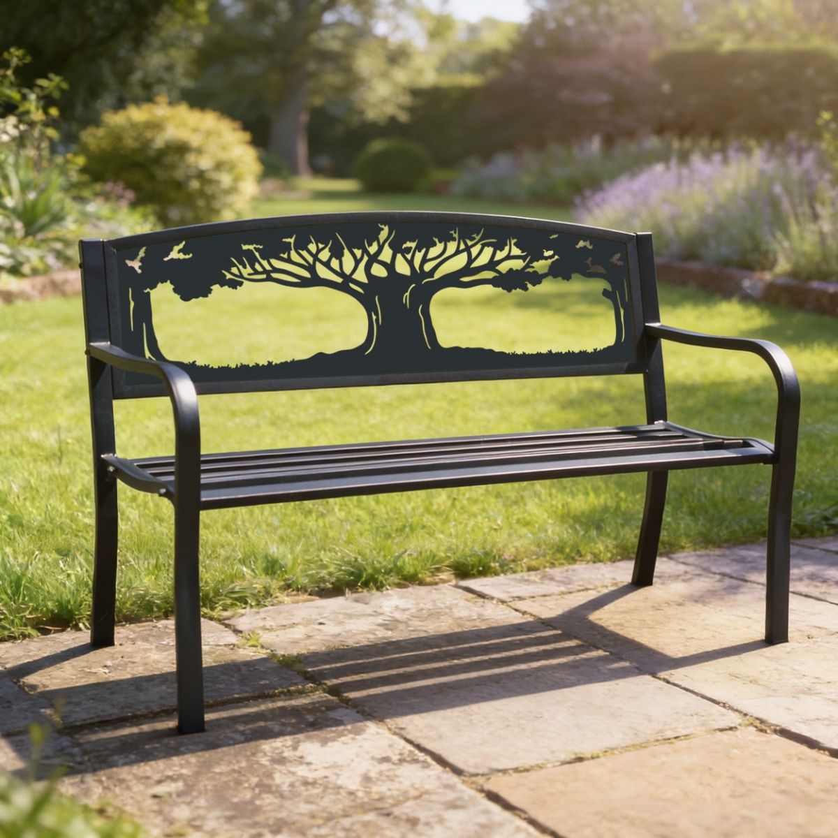 The Bespoke "Tree of Life" Iron & Steel Park Bench in Black in a Sunny Cottage Garden with a Grass Lawn - Digital Illustration 