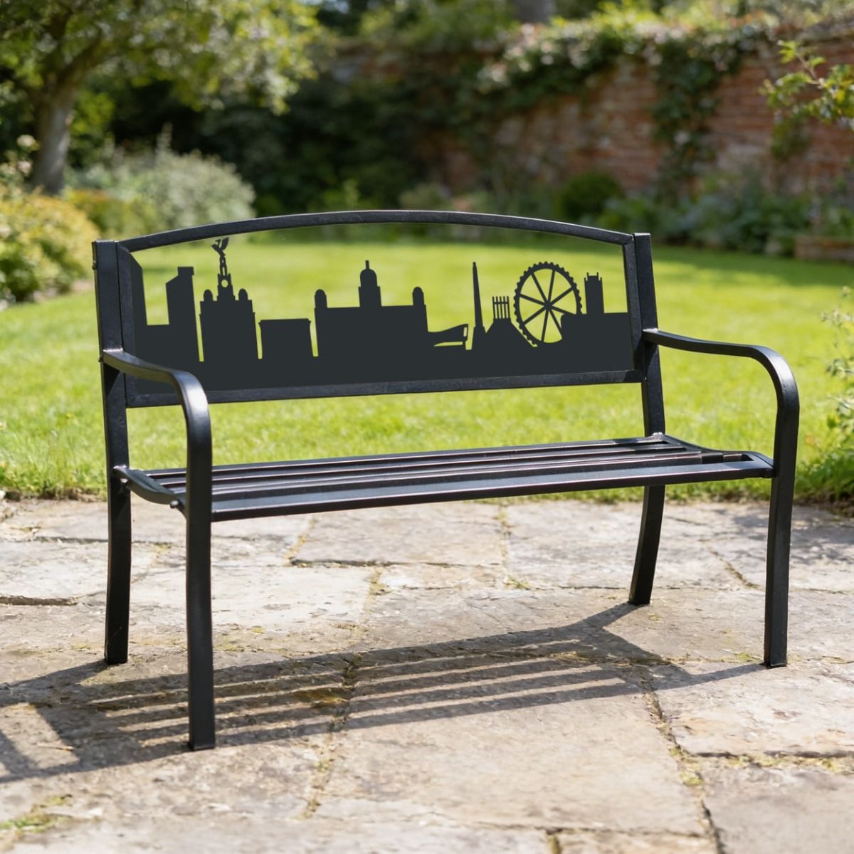 The Bespoke City of Liverpool Iron & Steel Black Park Bench Displayed on a Sunny Flagstone Patio - Digital Illustration