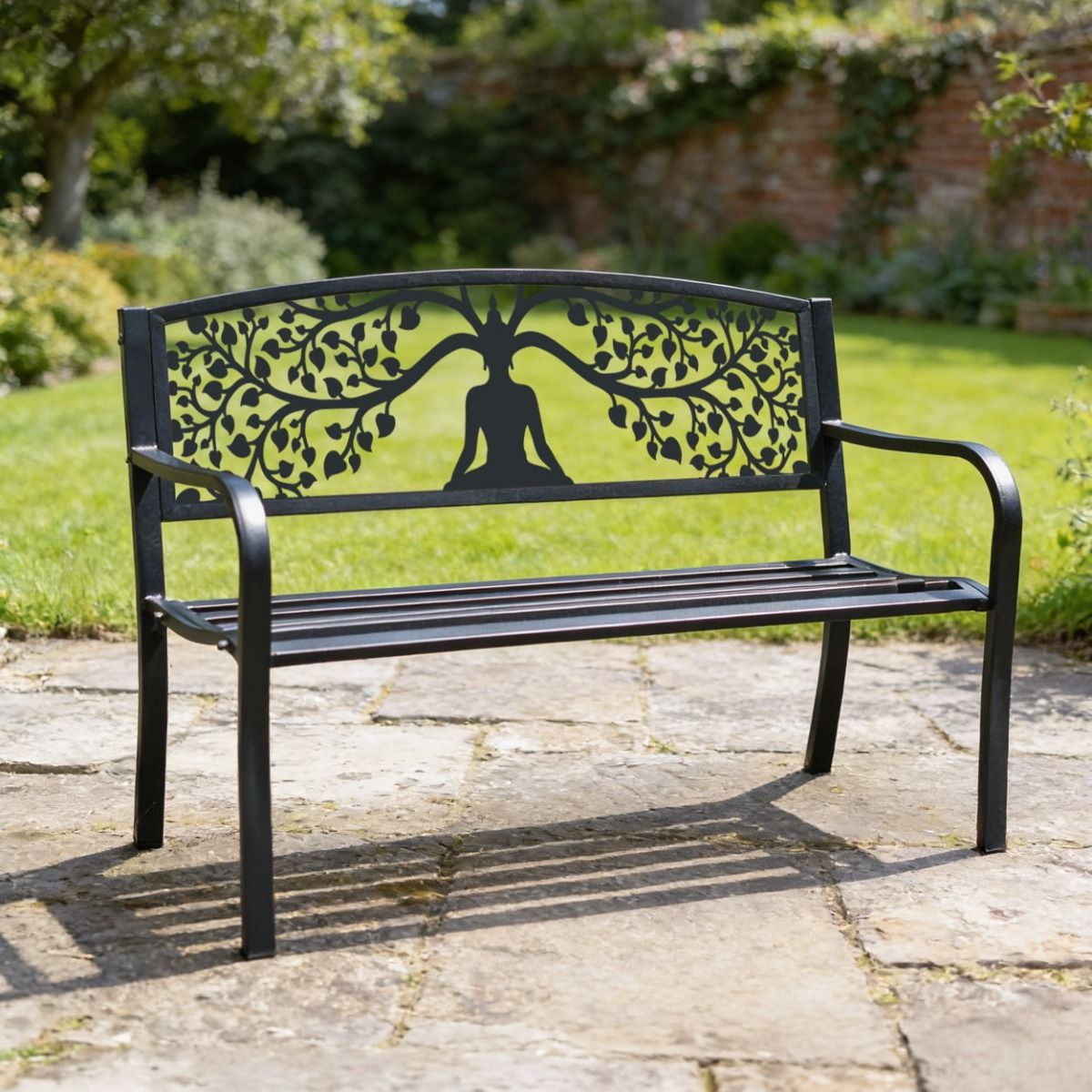 The Bespoke "Eternal Growth" Buddha Iron & Steel Black Park Bench on a Flagstone Patio with a Garden Lawn in the Background - Digital Illustration