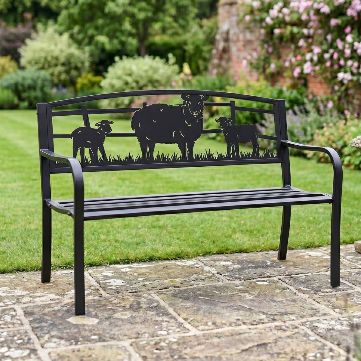 The Bespoke Ewe Sheep Family Iron & Steel Black Park Bench in a Traditional Walled Garden with Flowers Behind - Digital Illustration 