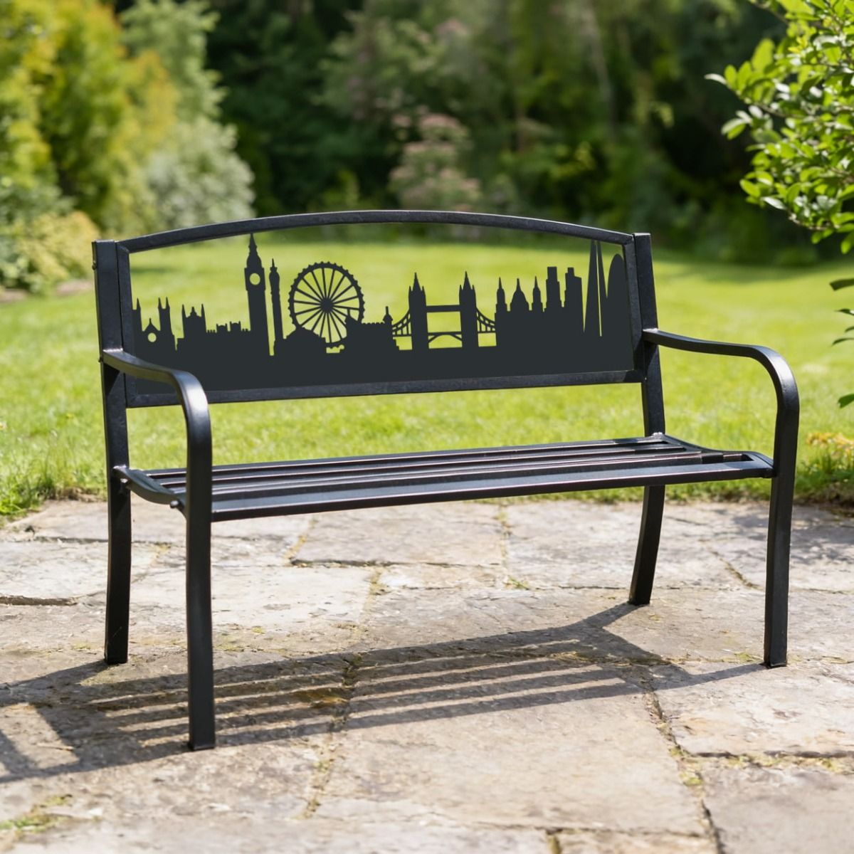 The Bespoke London Cityscape Iron & Steel Park Bench in a Lush Green Garden in the Afternoon Sun - Digital Illustration