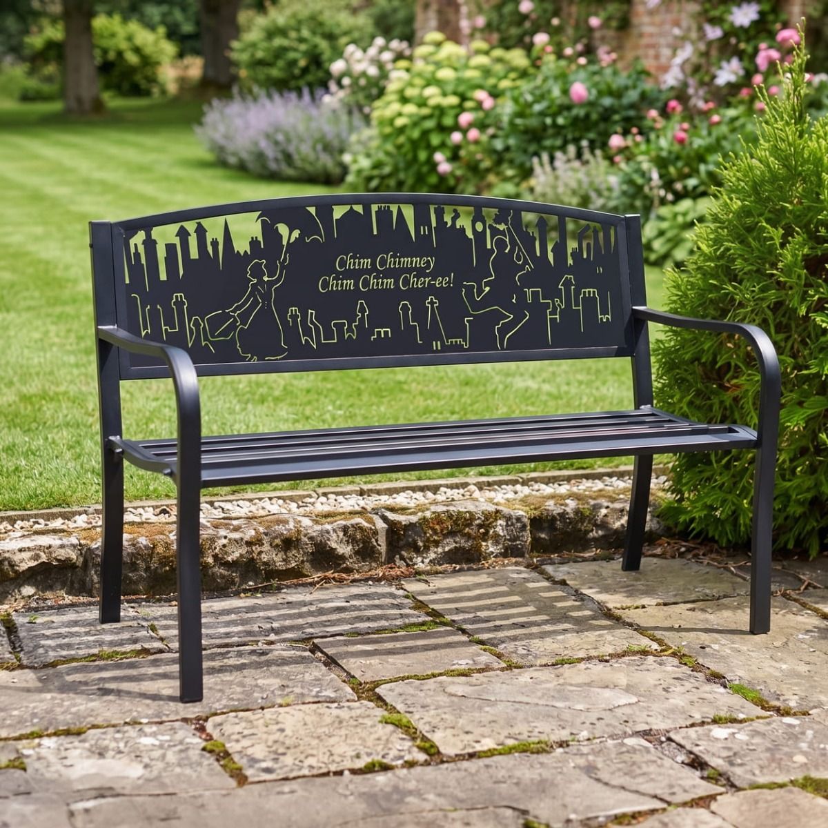The Bespoke Mary Poppins Iron & Steel Park Bench in Black in Front of a Manicured Cottage Garden - Digital Illustration