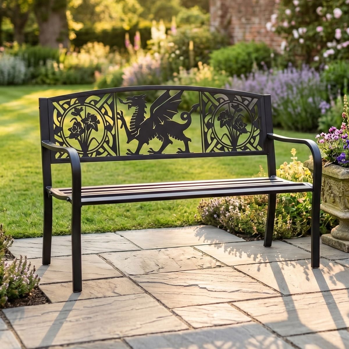The Bespoke Welsh Dragon Iron & Steel Park Bench in Black at Sunset in a Heritage Darden - Digital Illustration 