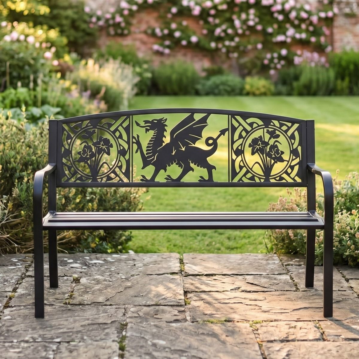 The Bespoke Welsh Dragon Iron & Steel Park Bench in Black in a Decorative Low Walled Garden - Digital Illustration 