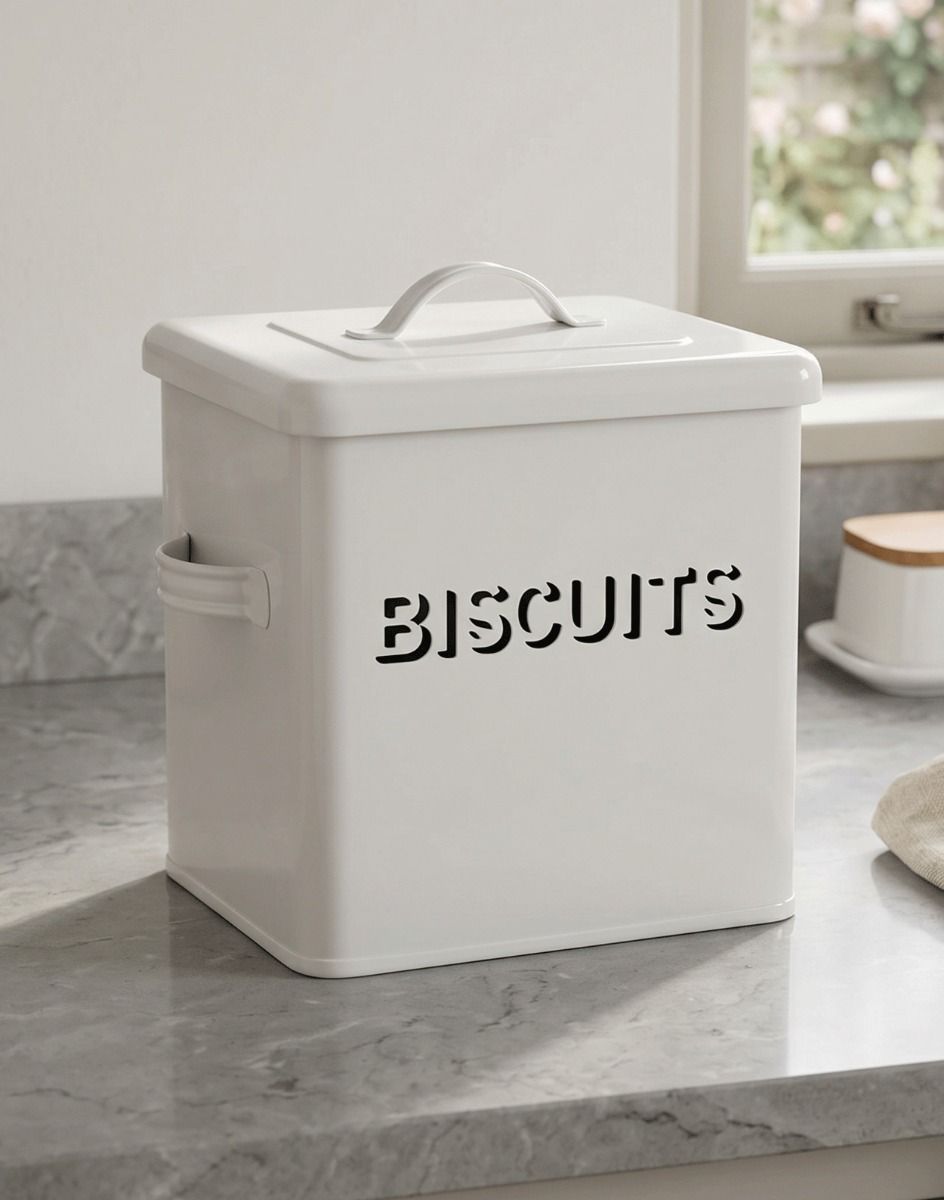 The Bessie Vintage White Biscuit Tin on a Grey Marble Effect Kitchen Counter Top - Digital Illustration