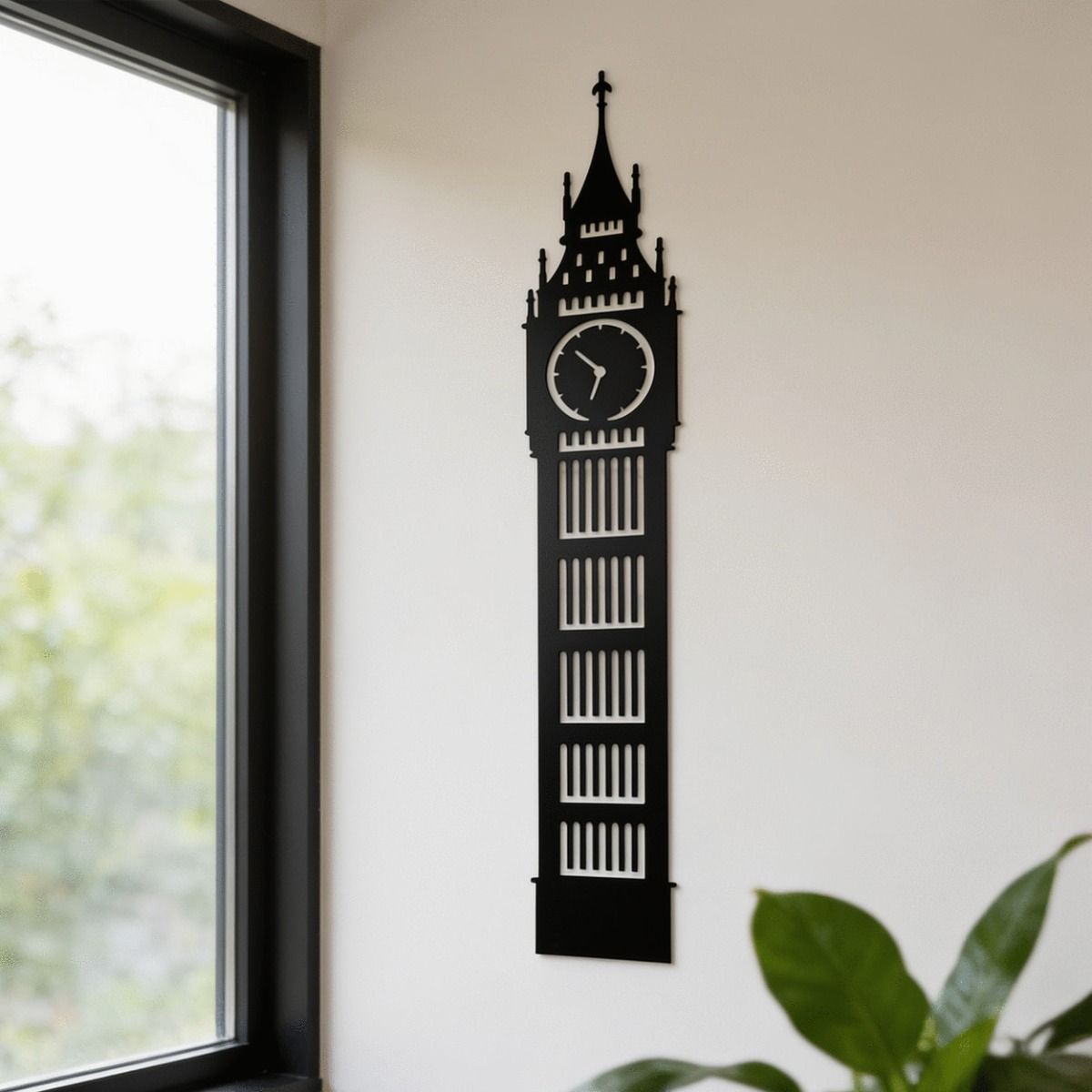 The Big Ben Steel Wall Art in a well lit Room next to a Garden Plant - Digital Illustration