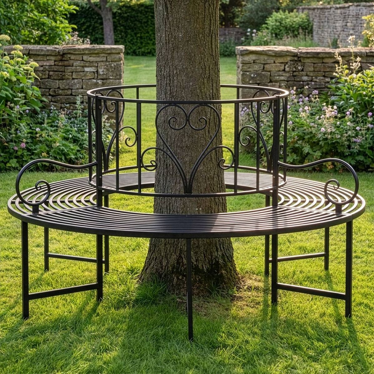 The Black "Averley" Circular Wrap-Around Garden Tree Bench in a Low Walled Garden Around a Tree - Digital Illustration 