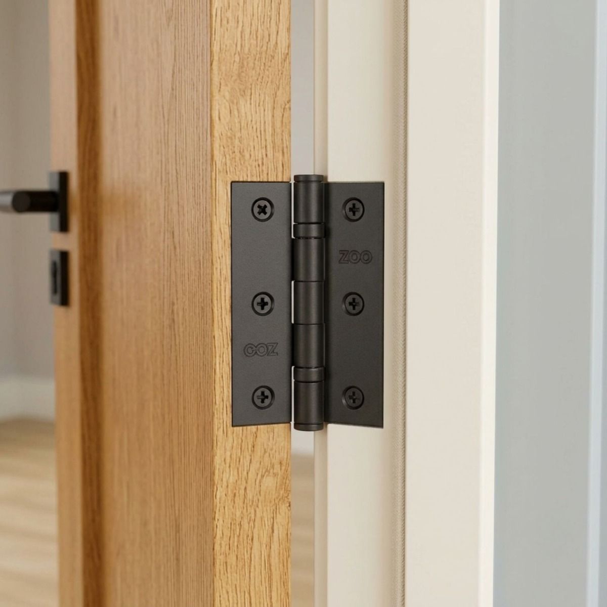 The Black 3" Ball Bearing Butt Hinges Mounted on a White Door Frame on a Contemporary House - Digital Illustration 