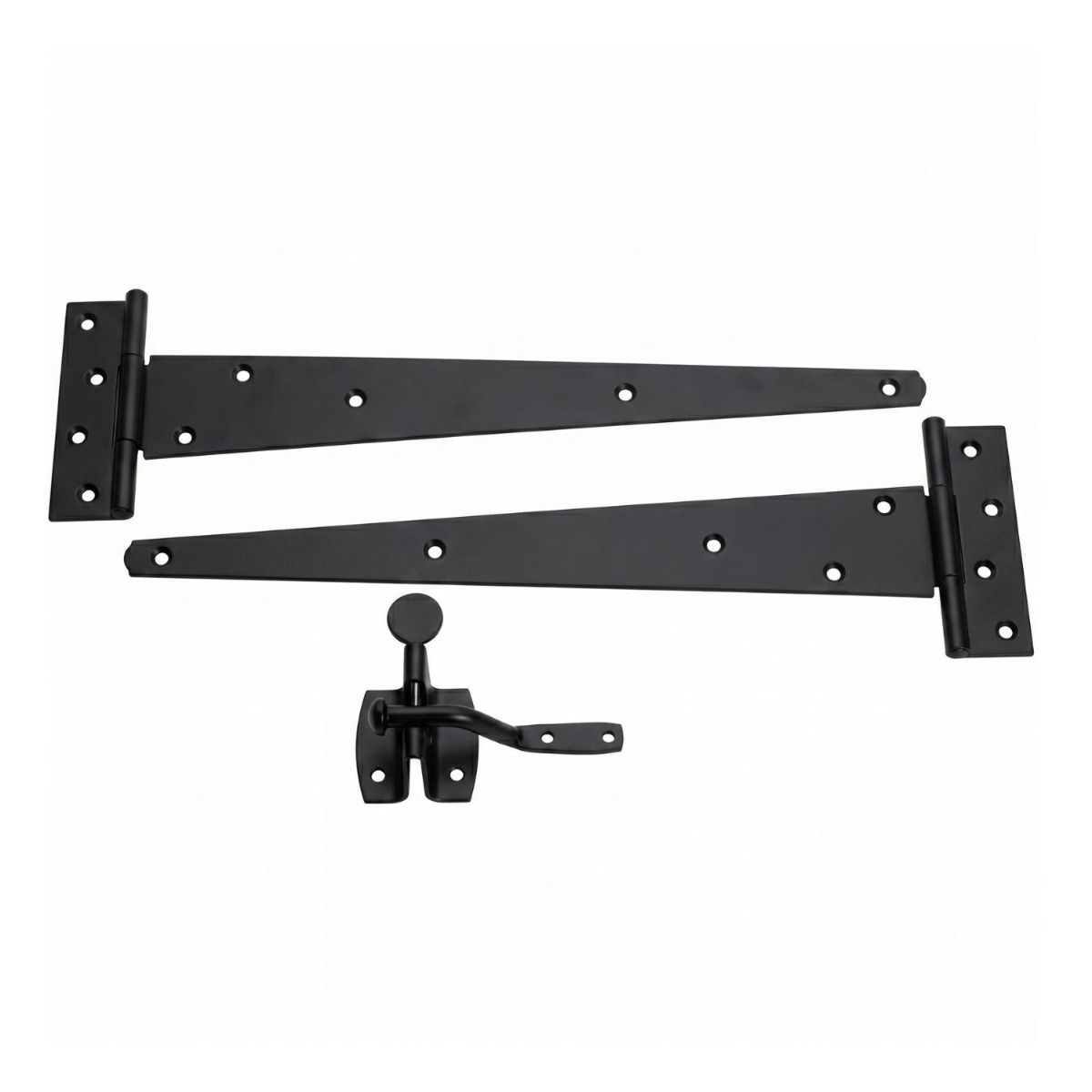 The Black 450mm (18") Door Hardware Kit - Complete Tee Hinges & Auto Latch Pack on a White Background