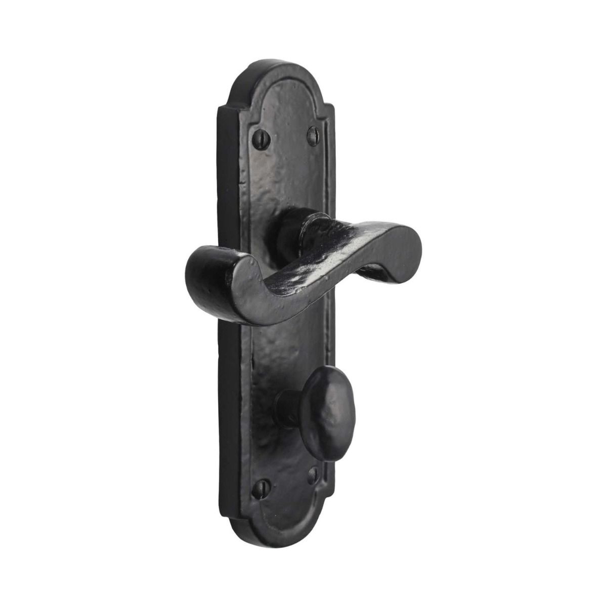 The Black Antique Arched Backplate Bathroom Door Handles - Privacy Scroll Lever Pair on a White Background