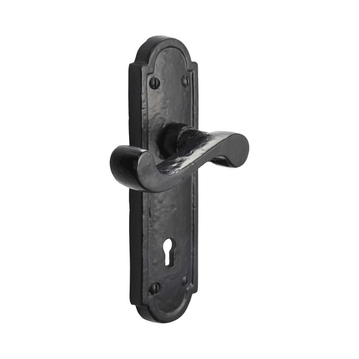 The Black Antique Arched Backplate Lock Handles - Rustic Scroll Keyhole Lever Pair on a White Background