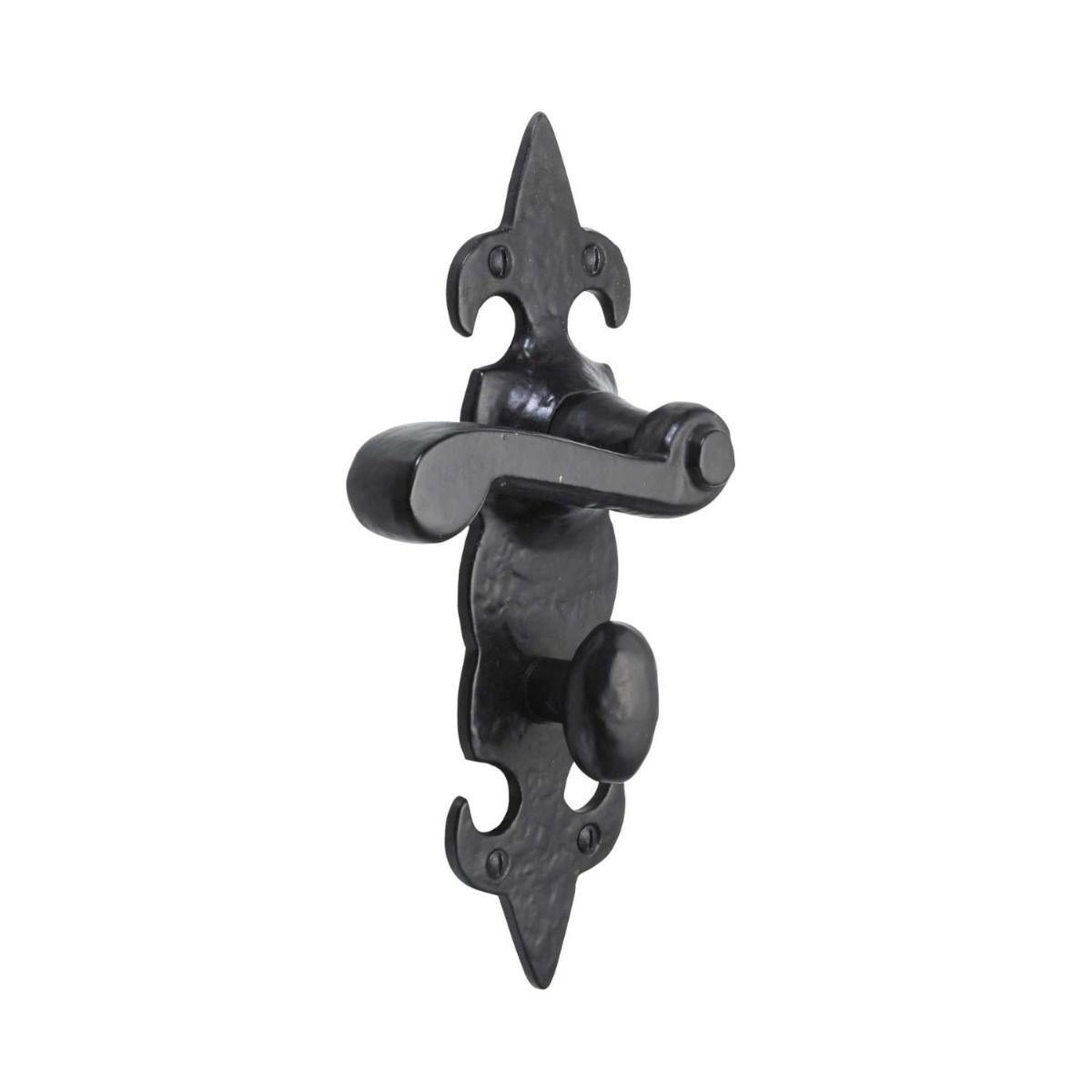 The Black Antique Fleur-de-Lis Bathroom Door Handles - Large 210mm Privacy Lever Pair on a White Background