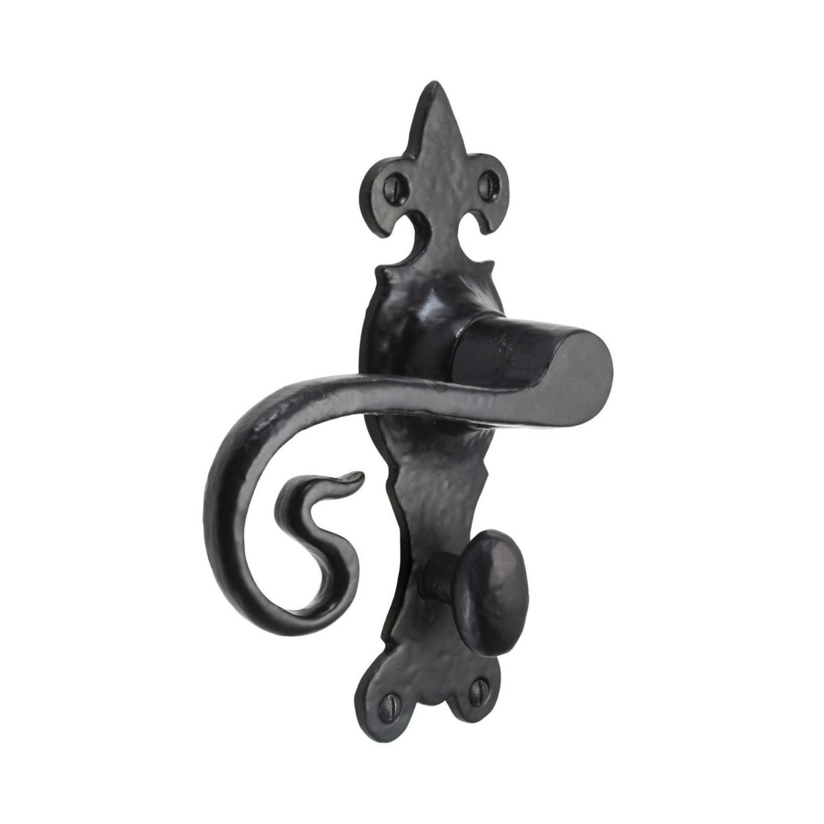 The Black Antique Fleur-de-Lis Bathroom Door Handles - Ornate Monkey Tail Privacy Pair on a White Background