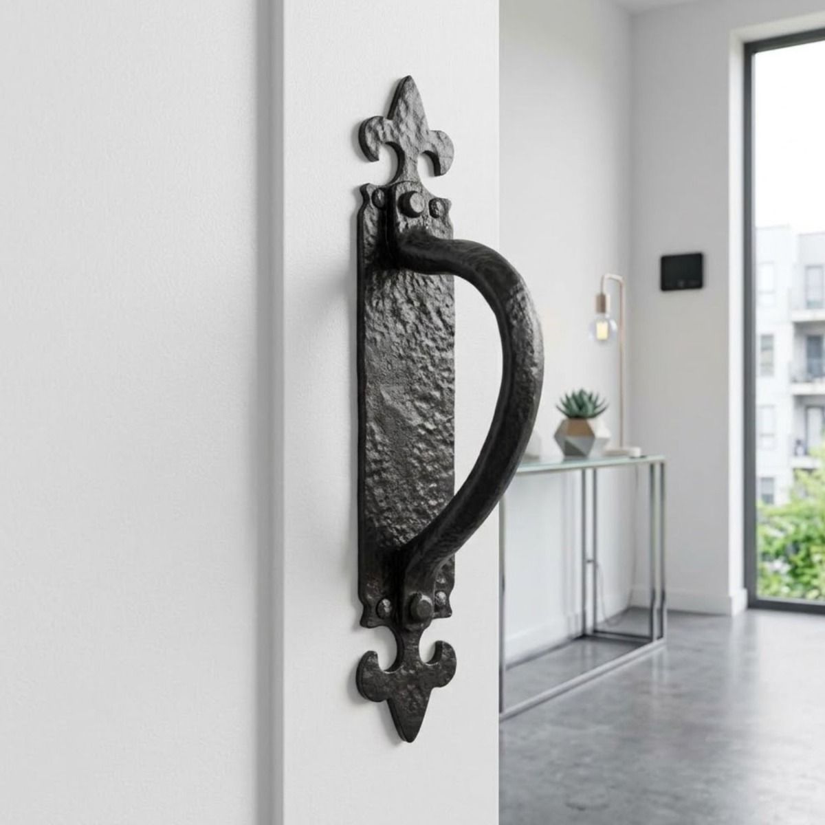 The Black Antique Fleur-de-Lis Cranked Pull Handle on a White Door in a Luxury Apartment - Digital Illustration 