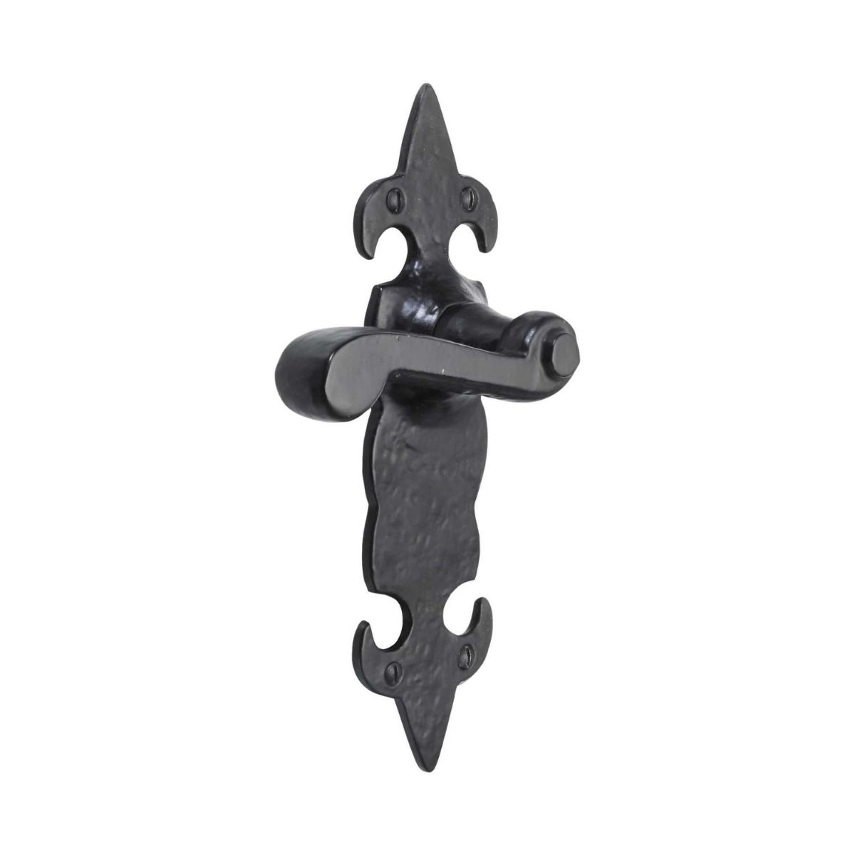 The Black Antique Fleur-de-Lis Door Handles - Large 210mm Scroll Lever Latch Pair on a White Background 