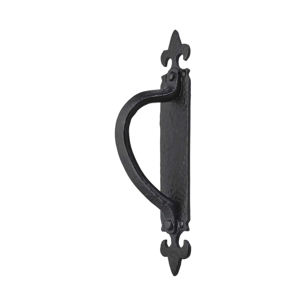 The Black Antique Fleur-de-Lis Left Handed Pull Handle - Large 265mm Cranked Barn Door Grab on a White Background 